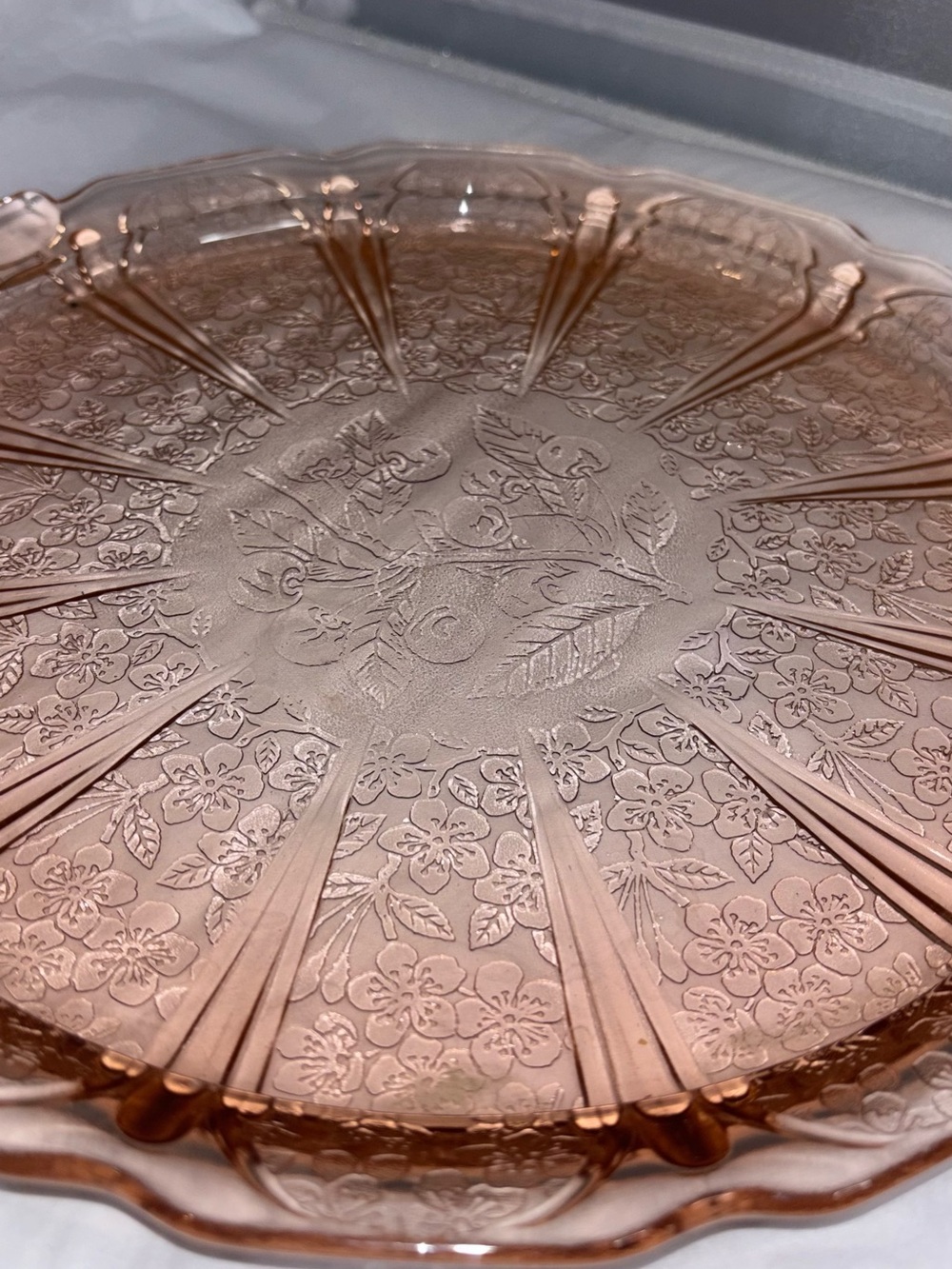 Vintage Pink Depression Glass Handled Platter Jeanette Cherry Blossom Pattern